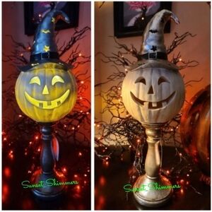 WHITE Jack PUMPKIN HEAD Witch Hat Bats LIGHT UP HALLOWEEN 20" PEDESTAL Lamp New